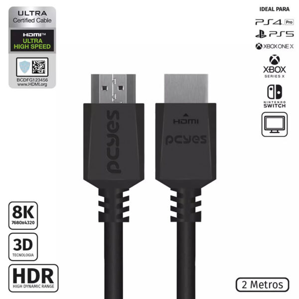 CABO HDMI ULTRA 2.1 8K 2M IDEAL PARA CONSOLES 28AWG PCYES BOX - Imagem 2