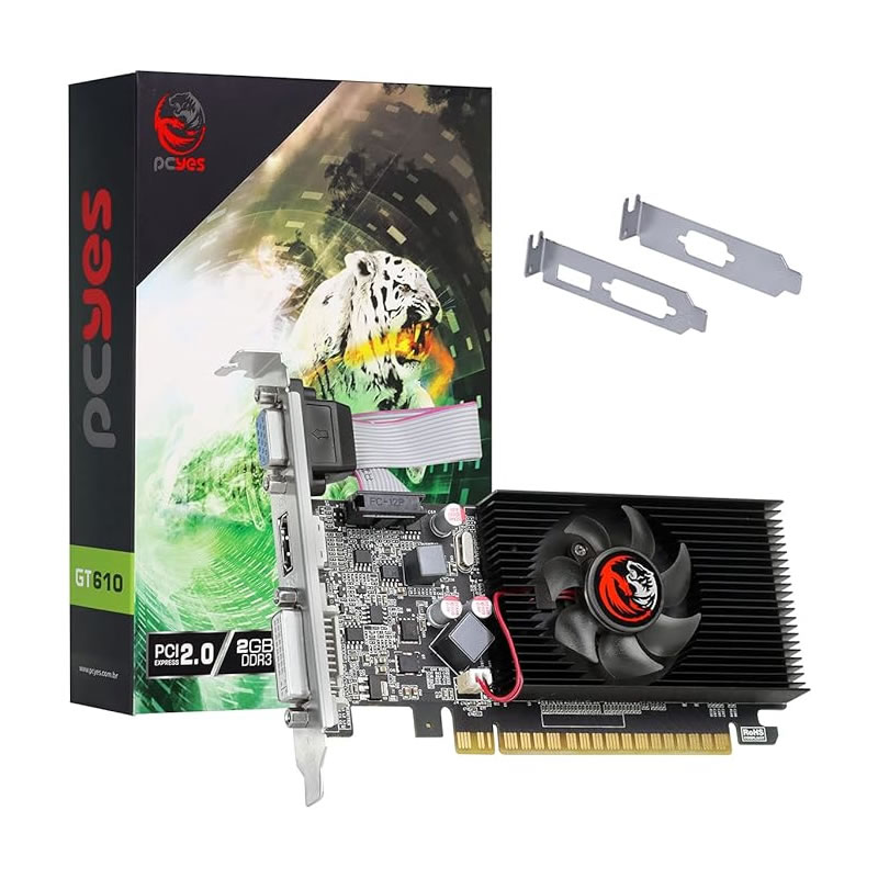 PLACA DE VIDEO 2GB GT 610 PAKGT6102GBDR3SF DDR3 64 BITS GEFORCE VGA HDMI DVI-I KIT LP PCYES BOX
