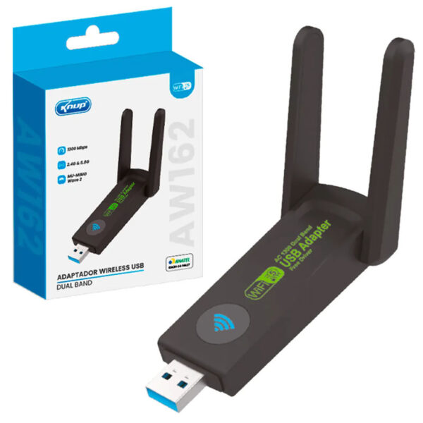 ADAPTADOR USB 3.0 WIRELESS DUAL BAND 5GHZ 1300MBPS C/ ANTENA AW162 KNUP BOX