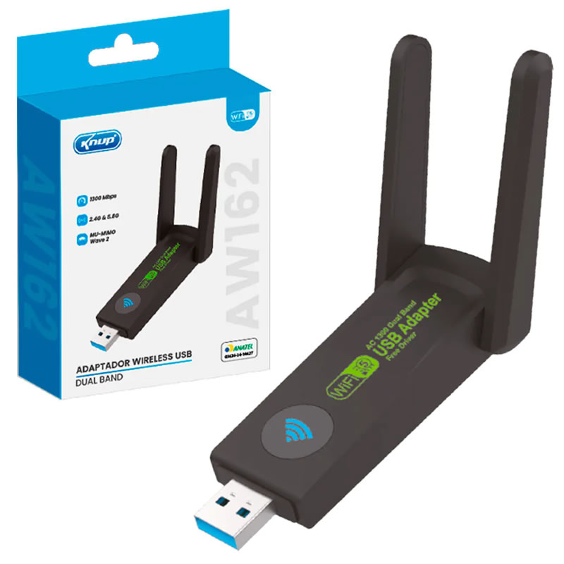 ADAPTADOR USB 3.0 WIRELESS DUAL BAND 5GHZ 1300MBPS C/ ANTENA AW162 KNUP BOX