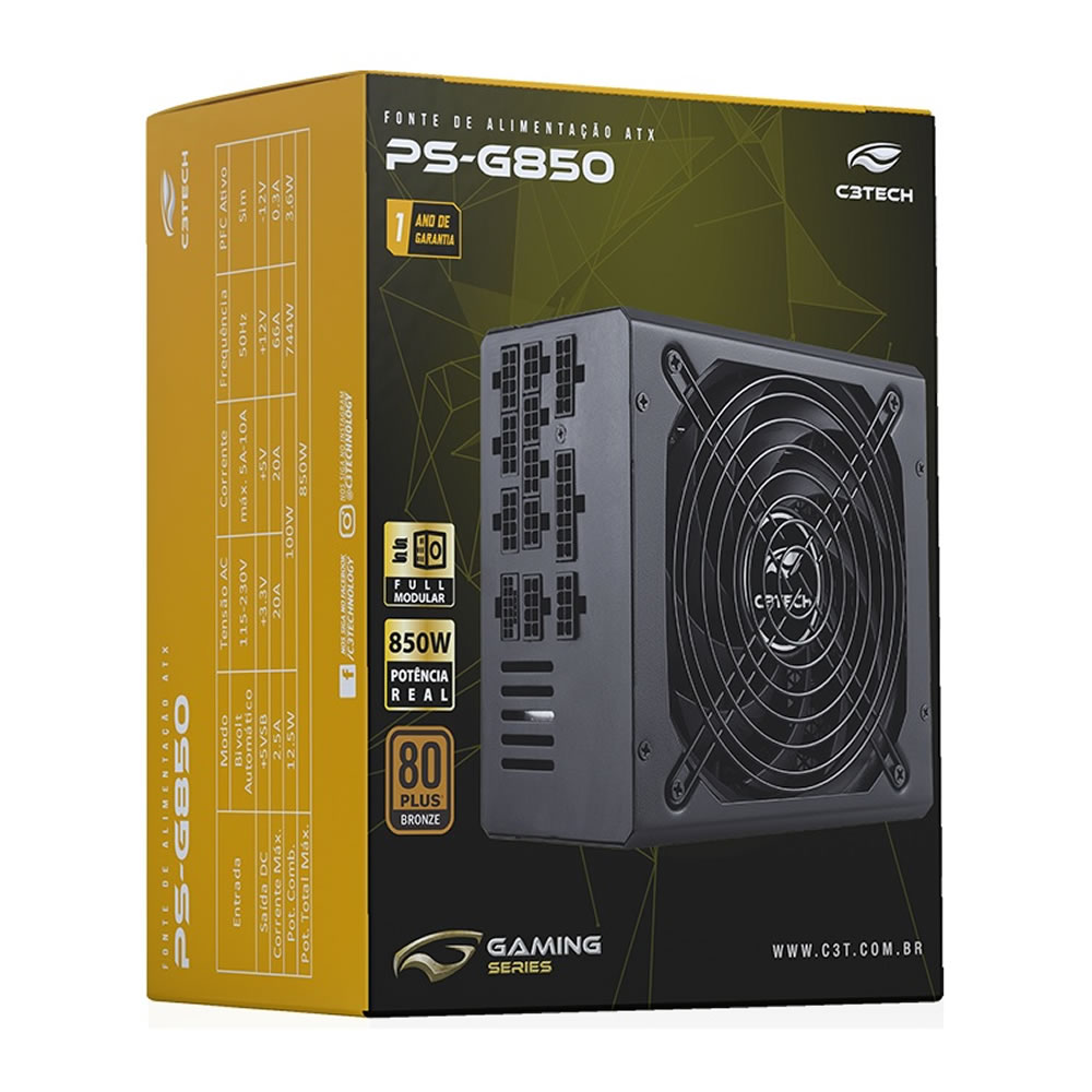 FONTE ATX 850W REAL PS-G850 GAMING FULL MODULAR 80 PLUS BRONZE C3TECH BOX - Imagem 4