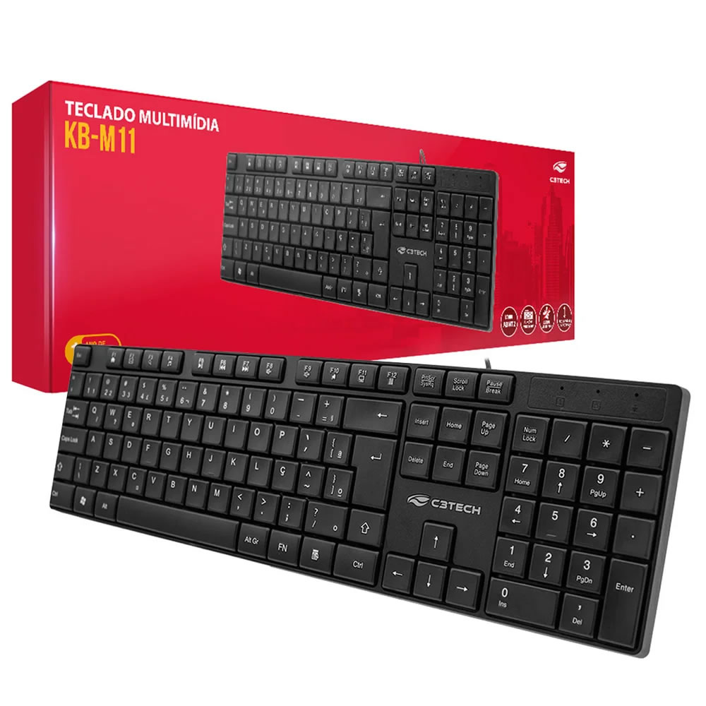 TECLADO USB BASIC KB-M11BK ABNT2 PRETO C3TECH BOX