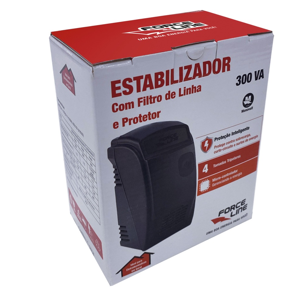 ESTABILIZADOR MONOVOLT 300VA ETERNITY ENTRADA/SAIDA 115V 4 TOMADAS FORCE LINE BOX